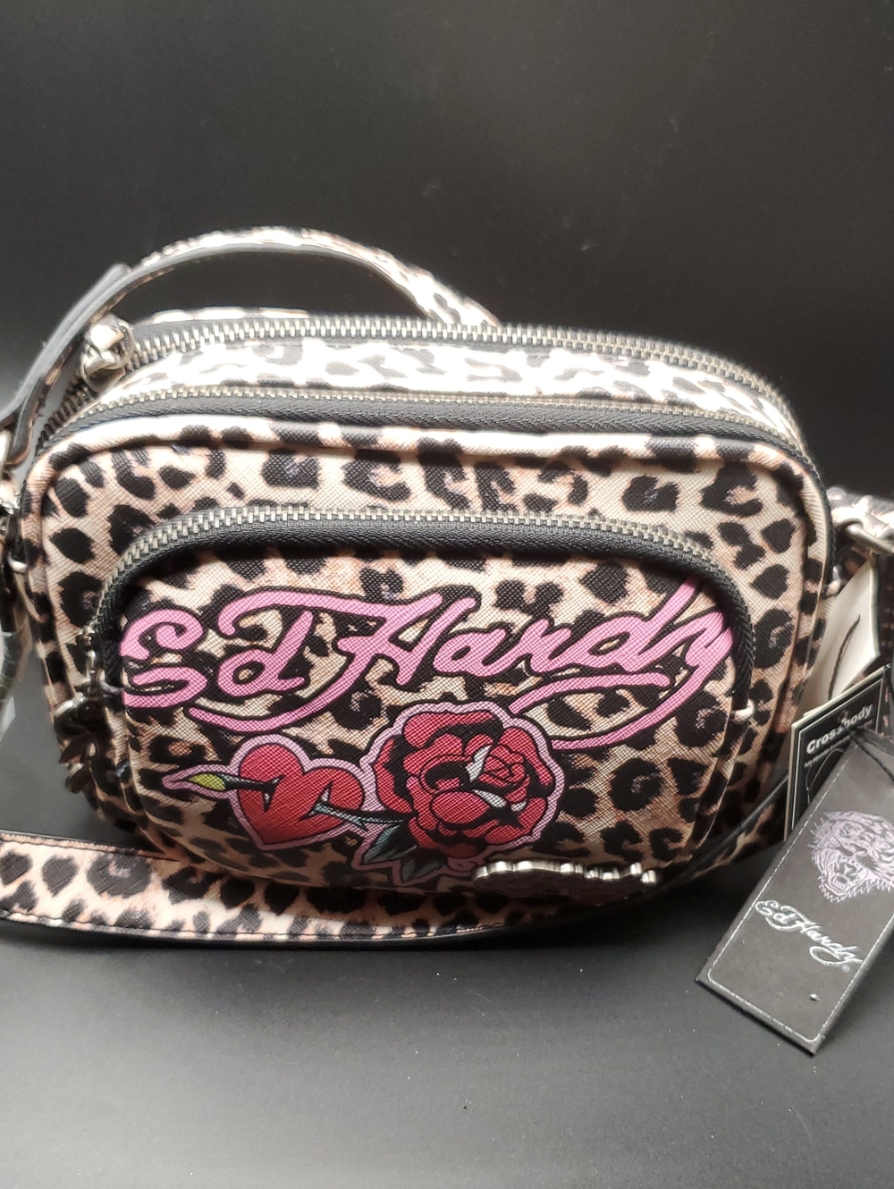 Ed Hardy Leopard Crossbody Bag with Pink Script and Rose